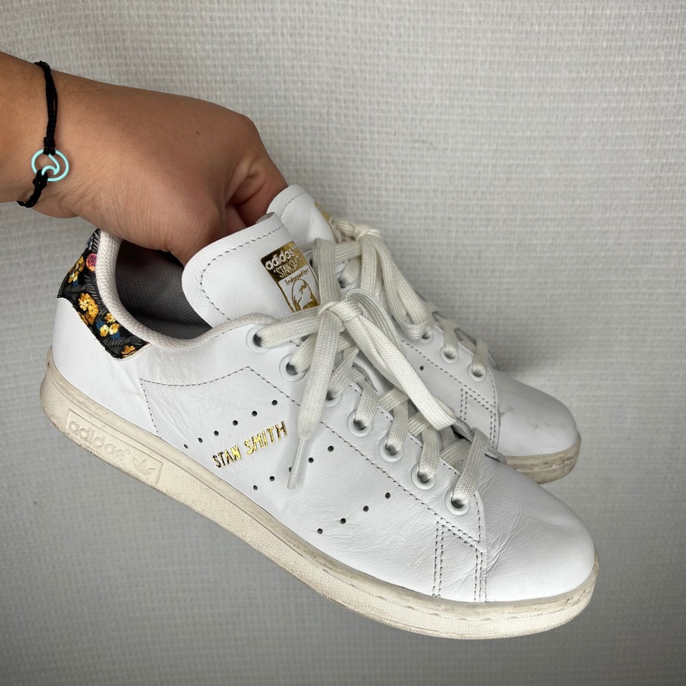 Adidas Stan Smith White Leather Floral Heel Gold Foil Sneakers Womens 6.5